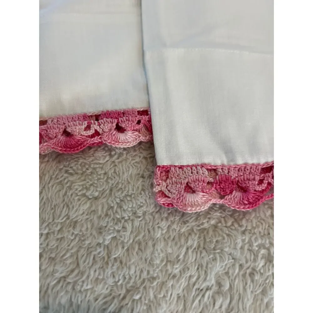 Vintage Pillow Cases 42x36 White Pink Crochet Trim Strong Muslin Cottagecore